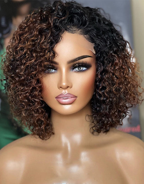 13X4 Lace Front Bob -Ombre Brown Colored Curly Short Glueless Wig