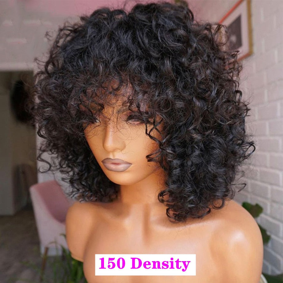 Afro Kinky Curly Wig With Bangs  200 Density -Deep Wave Wig