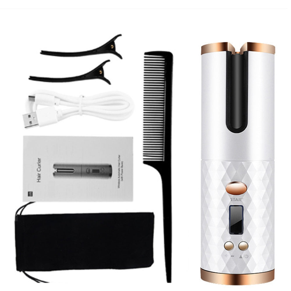 Cordless Automatic Hair Curler Iron USB Rechargeable LCD Display Wireless Rotating Iron