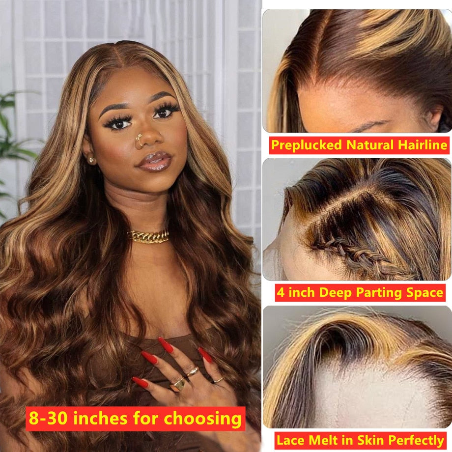 Highlight Honey Blonde Body Wave Ombre Human Hair T Part  Lace Front Wig