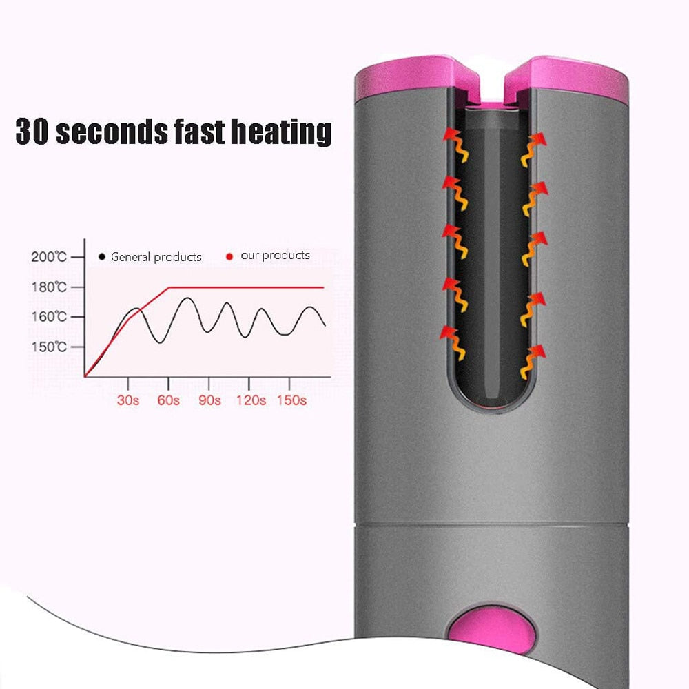 Cordless Automatic Hair Curler Iron USB Rechargeable LCD Display Wireless Rotating Iron