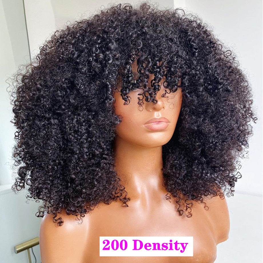 Afro Kinky Curly Wig With Bangs  200 Density -Deep Wave Wig