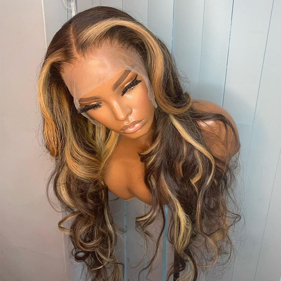 Highlight Honey Blonde Body Wave Ombre Human Hair T Part  Lace Front Wig