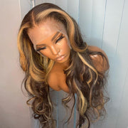 Highlight Honey Blonde Body Wave Ombre Human Hair T Part  Lace Front Wig