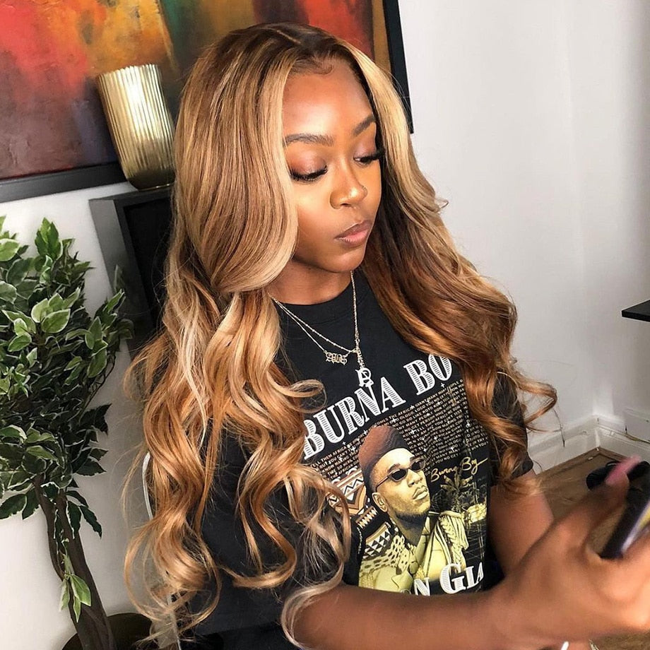 13x1 Ombre and Blonde Brown Highlight Body Wave Lace Front Human Hair