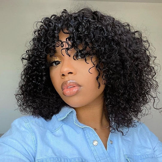 Afro Kinky Curly Wig With Bangs  200 Density -Deep Wave Wig