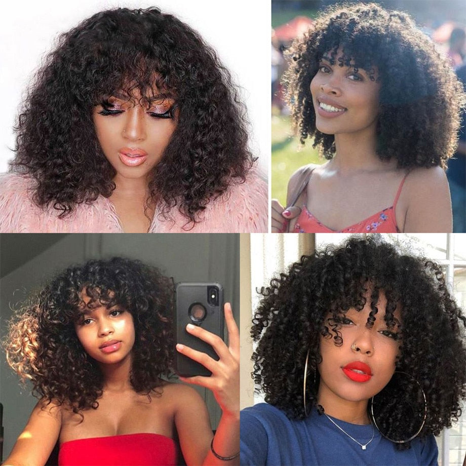 Afro Kinky Curly Wig With Bangs  200 Density -Deep Wave Wig