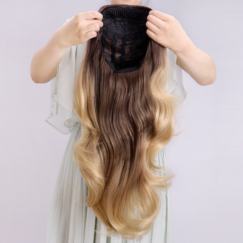 24 Inch Body Wave 3/4 Half Wig Long Synthetic Hair Clips Extension wig