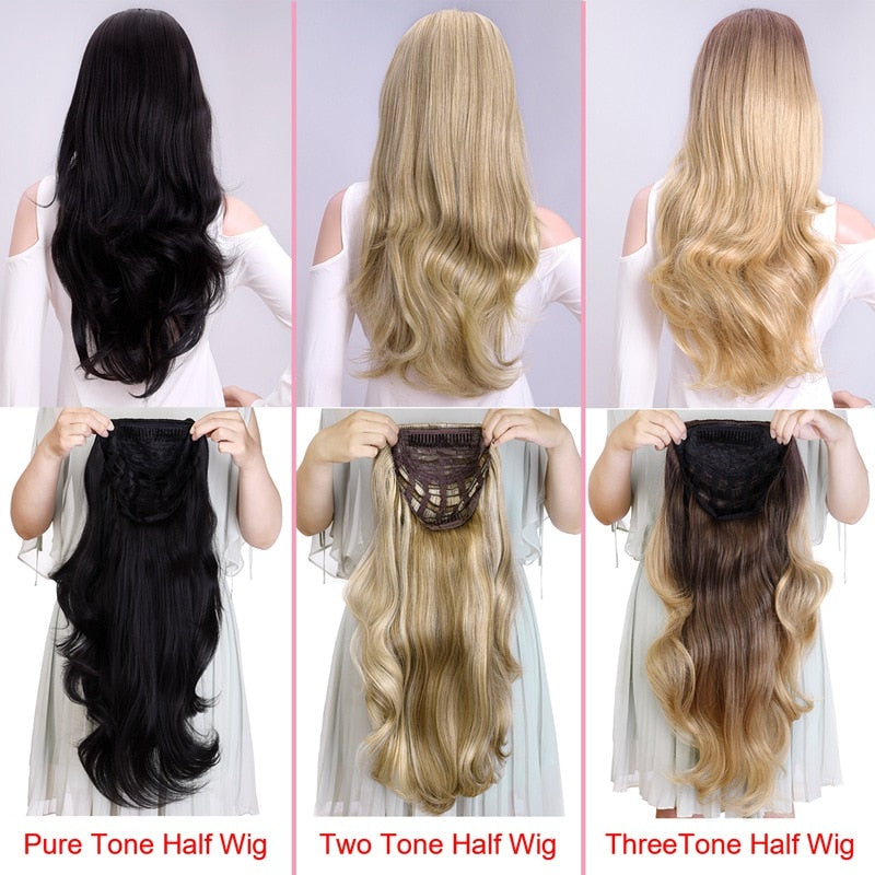 24 Inch Body Wave 3/4 Half Wig Long Synthetic Hair Clips Extension wig