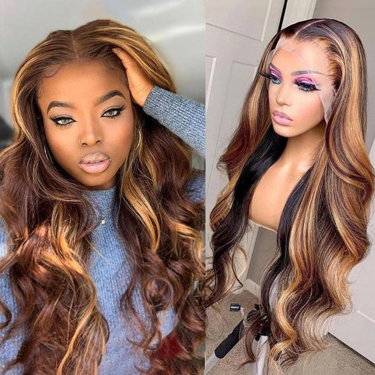 Highlight Honey Blonde Body Wave Ombre Human Hair T Part  Lace Front Wig