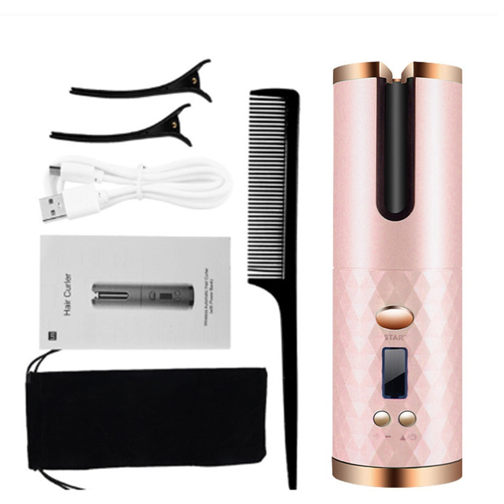 Cordless Automatic Hair Curler Iron USB Rechargeable LCD Display Wireless Rotating Iron
