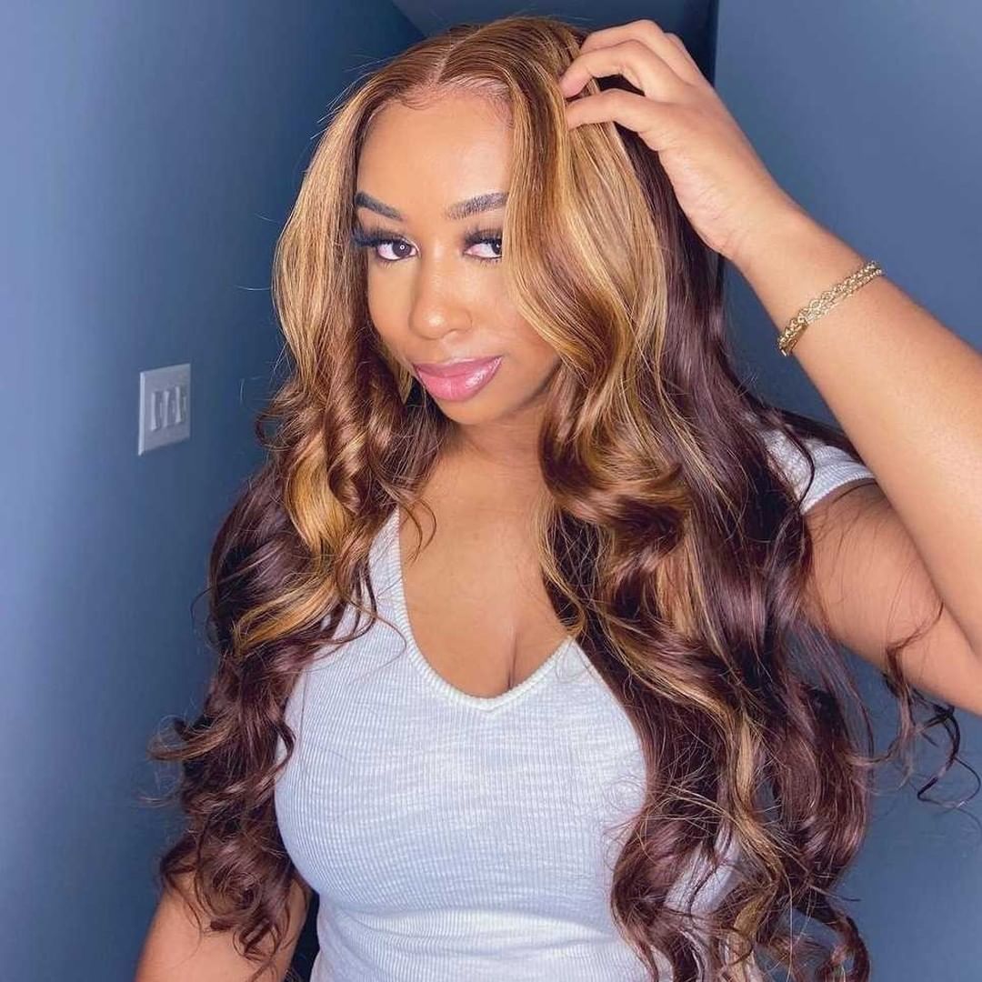 Highlight Honey Blonde Body Wave Ombre Human Hair T Part  Lace Front Wig