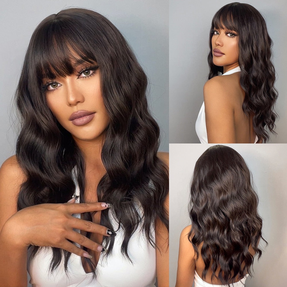 Medium Water Wave Natural Bob Synthetic Wig with Bangs- Heat Resistant