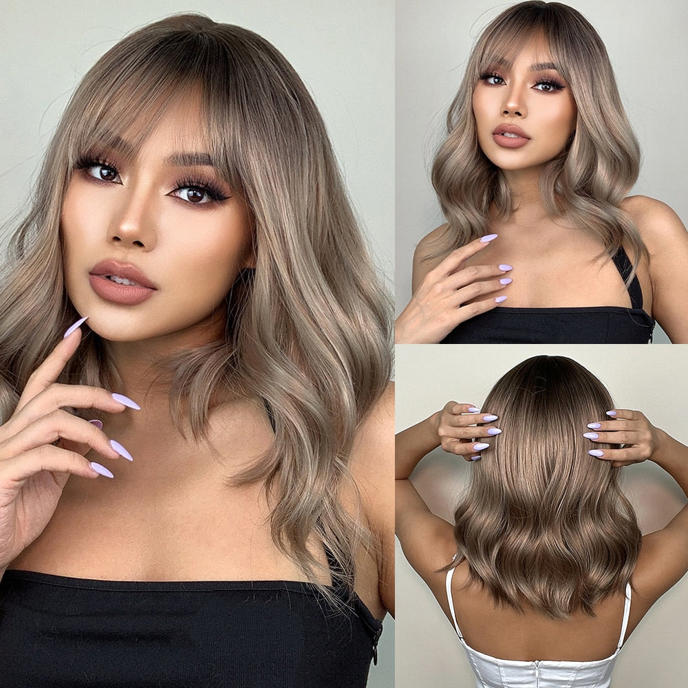Medium Water Wave Natural Bob Synthetic Wig with Bangs- Heat Resistant