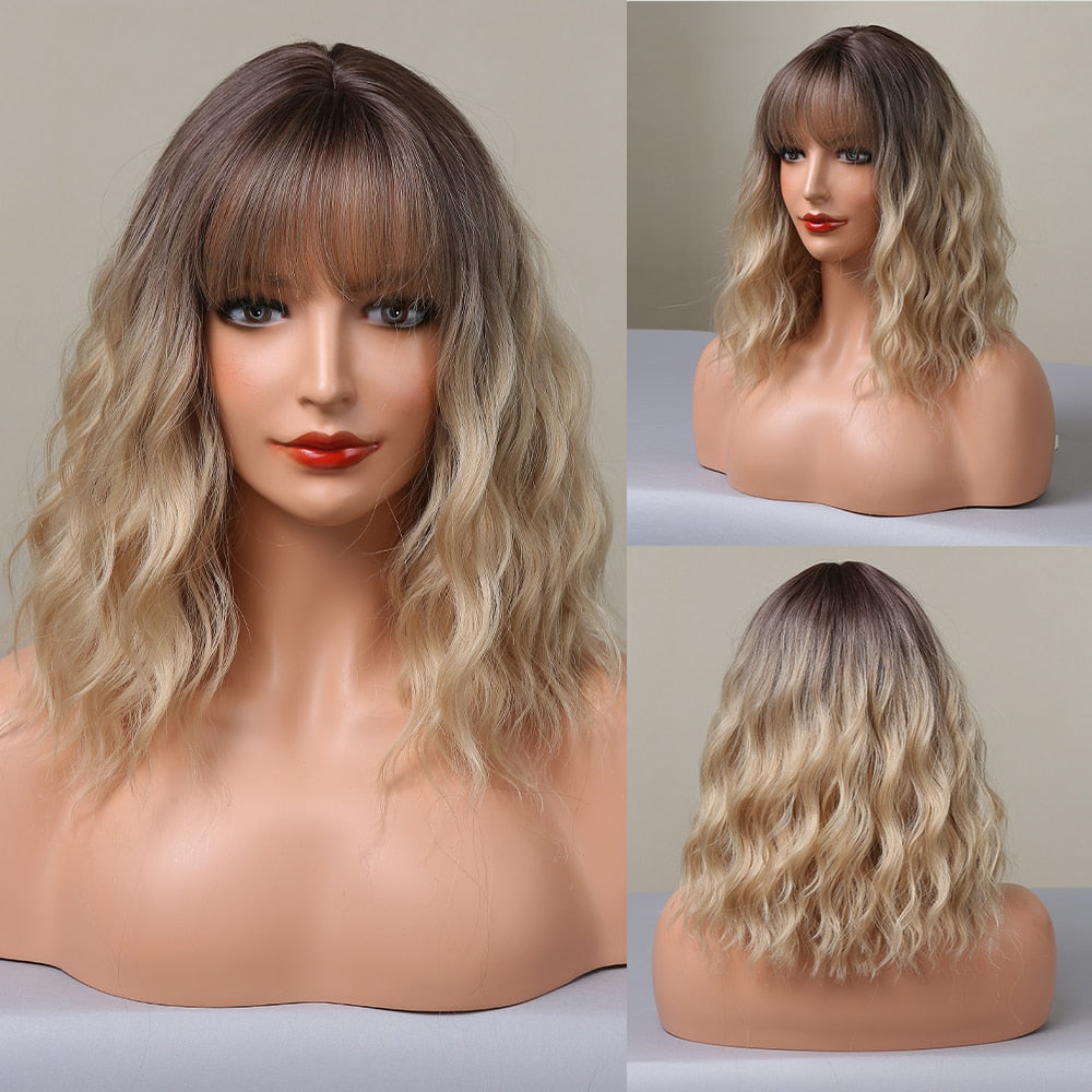 Medium Water Wave Natural Bob Synthetic Wig with Bangs- Heat Resistant