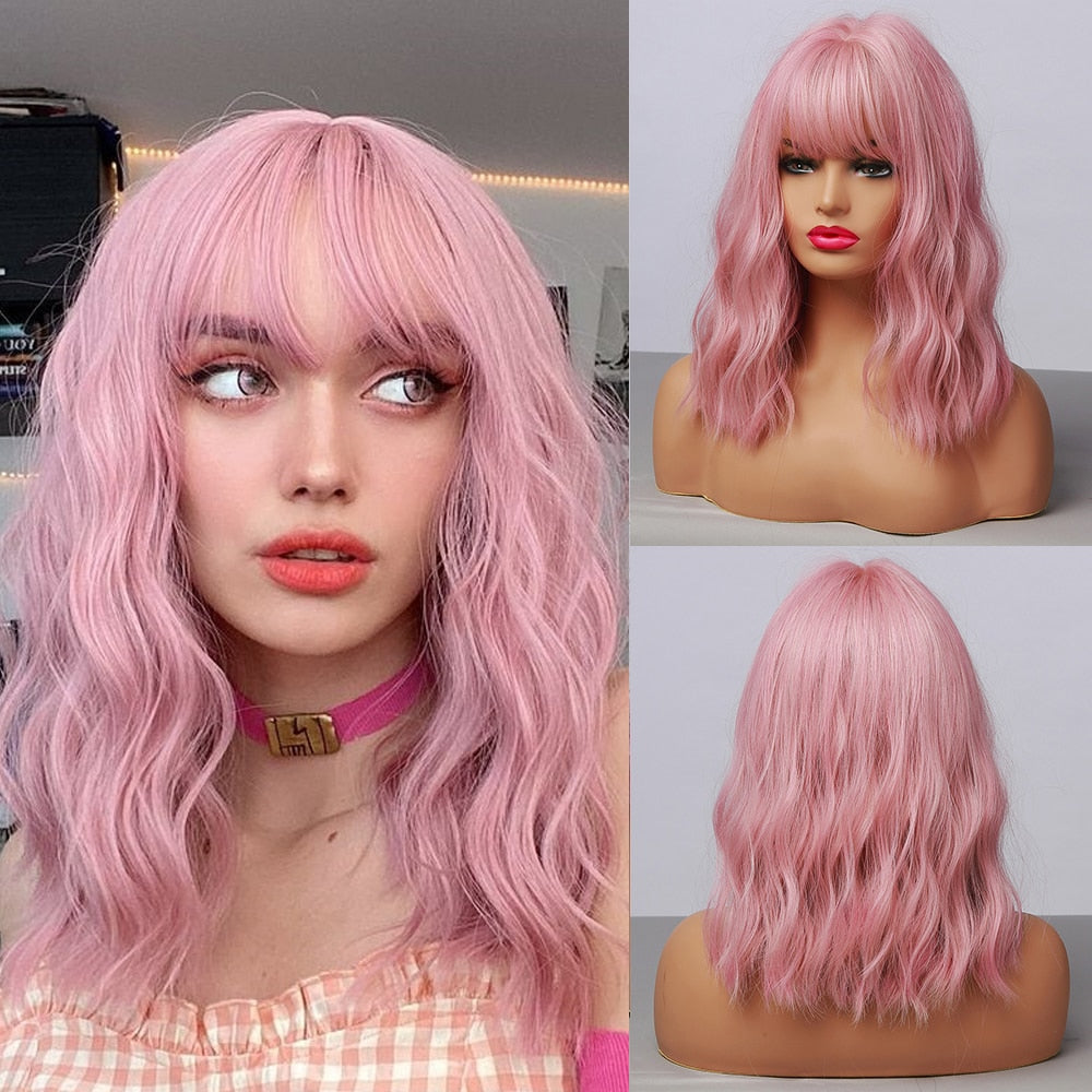 Medium Water Wave Natural Bob Synthetic Wig with Bangs- Heat Resistant