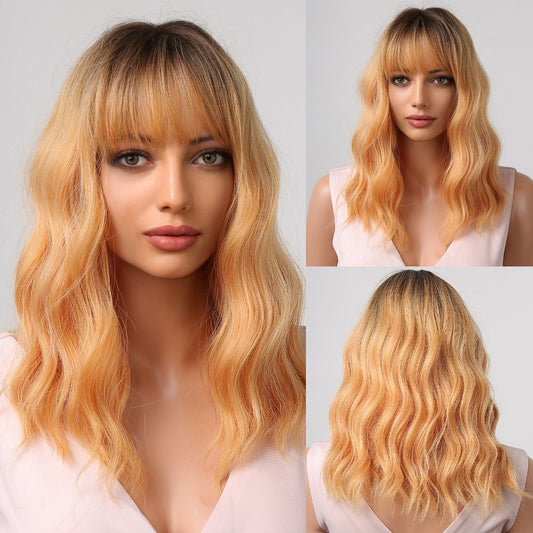 Medium Water Wave Natural Bob Synthetic Wig with Bangs- Heat Resistant