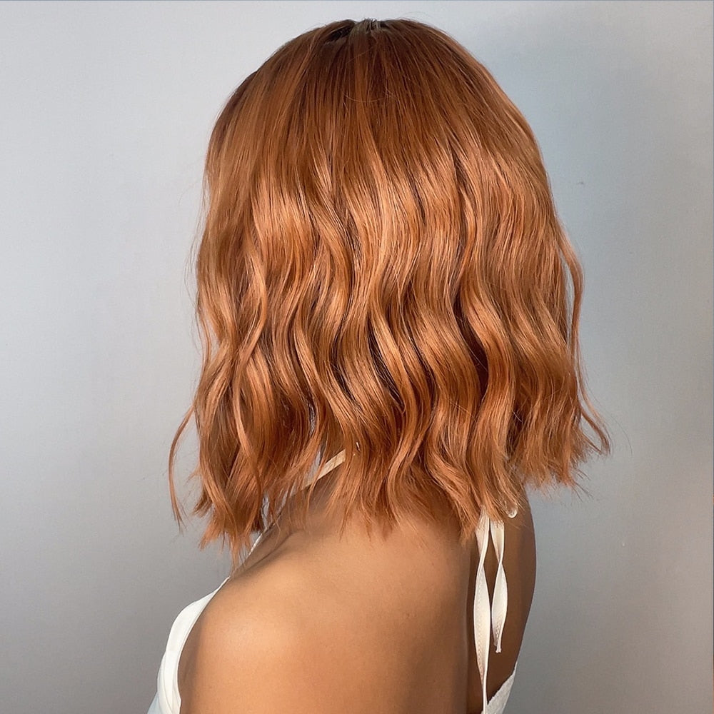 Medium Water Wave Natural Bob Synthetic Wig with Bangs- Heat Resistant