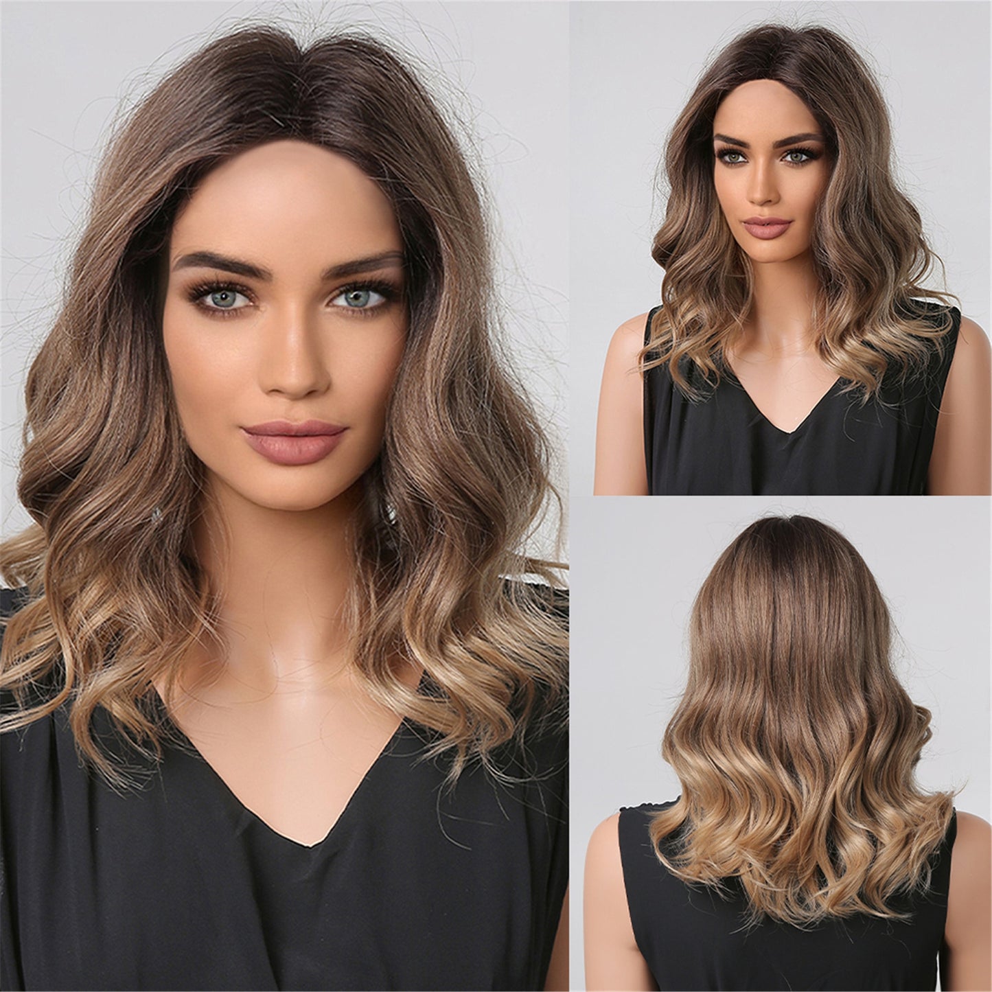 Medium Water Wave Natural Bob Synthetic Wig with Bangs- Heat Resistant
