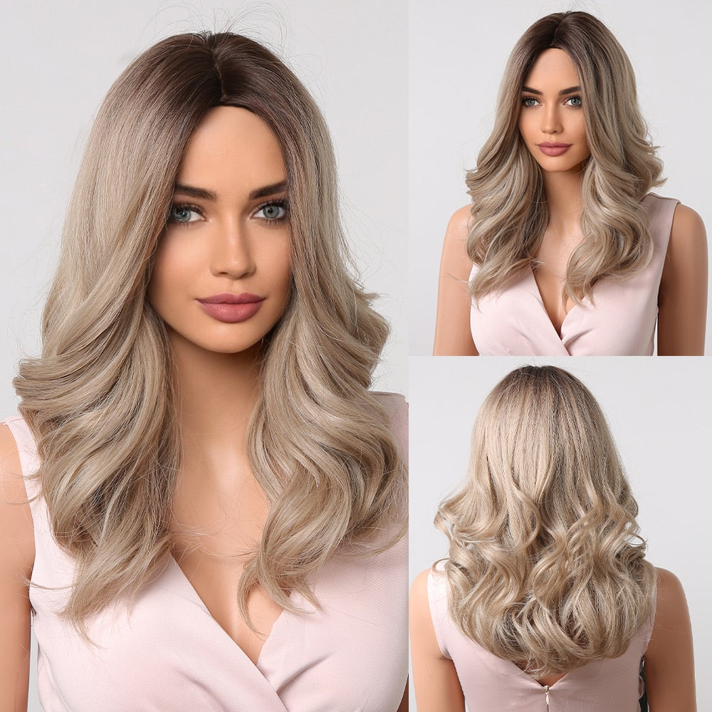 Medium Water Wave Natural Bob Synthetic Wig with Bangs- Heat Resistant