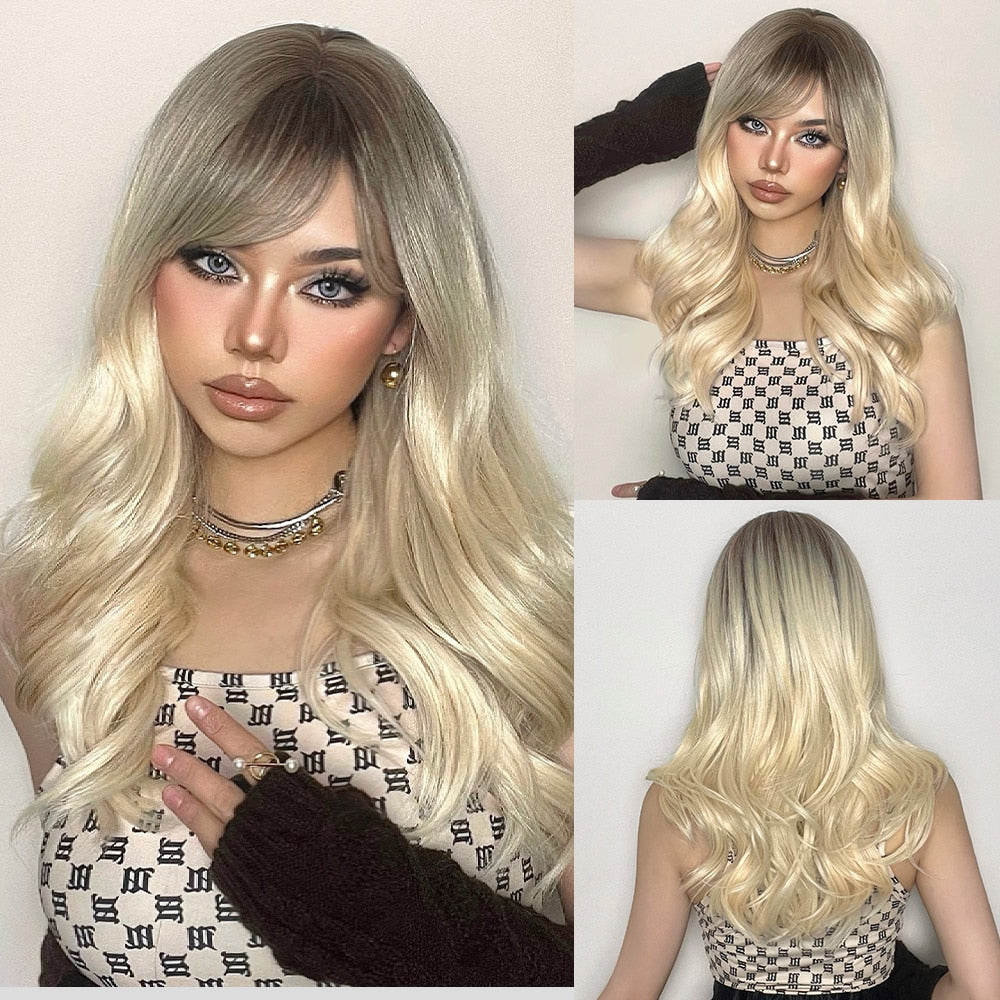 Medium Water Wave Natural Bob Synthetic Wig with Bangs- Heat Resistant