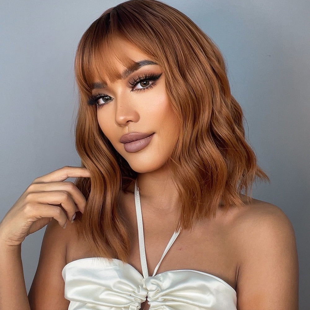 Medium Water Wave Natural Bob Synthetic Wig with Bangs- Heat Resistant