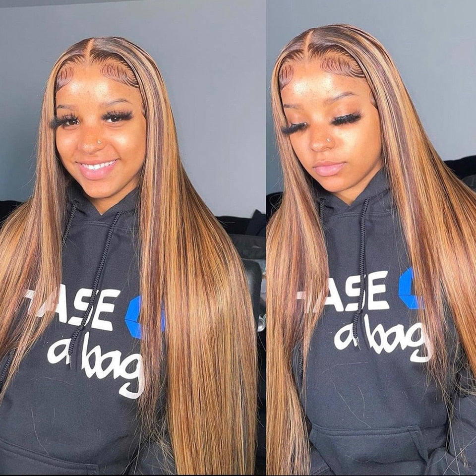 Bone Straight Highlight Human Hair Honey Blonde Transparent Lace Wigs Remy T Part Brazilian