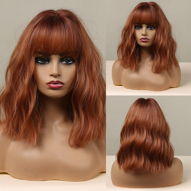 Medium Water Wave Natural Bob Synthetic Wig with Bangs- Heat Resistant